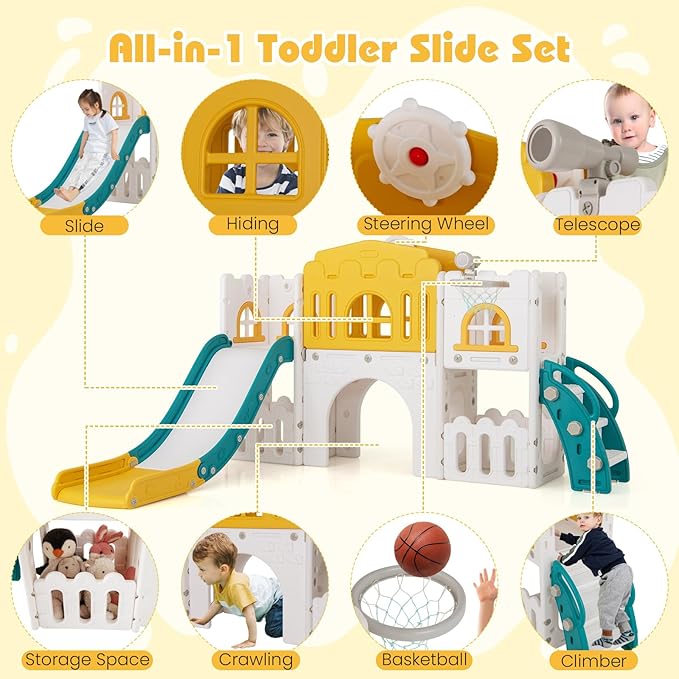 Costzon 8 in 1 Toddle Slide Playset, Freestanding Kids Slide w/Tunnel, Basketball Hoop, Toddler Climber Slide Playset Indoor Playground for Kids 1-3 w/Storage Space, Gifts for Boys Girls (Yellow)