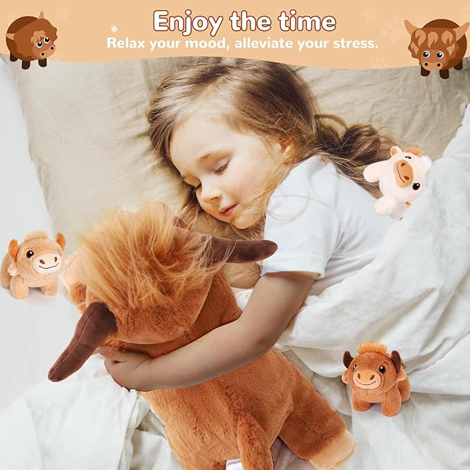 4 Pieces Highland Cow Stuffed Animals - 1 Mommy Stuffed Highland Cow with 3 Babies - Brown Cow Gifts for Girls Age 3-8, Cows Plush Toys for Christmas, Valentine's, Birthday Gifts (Brown)
