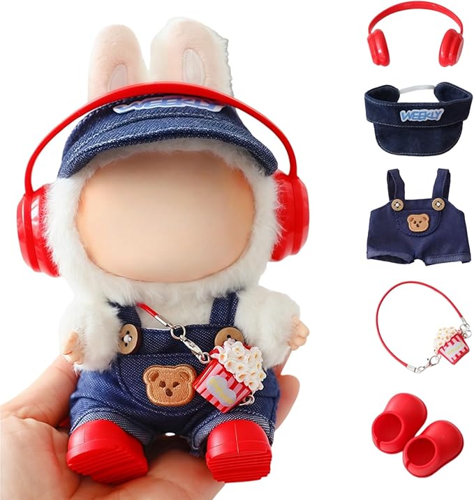 Clothes for Dolls Accessories, Stylish Kawaii Overalls Outfit Headphones Set 5 Pieces Suitable for 15cm 17cm Doll , Doll Hat Headset Boots Clothing Set Replacement