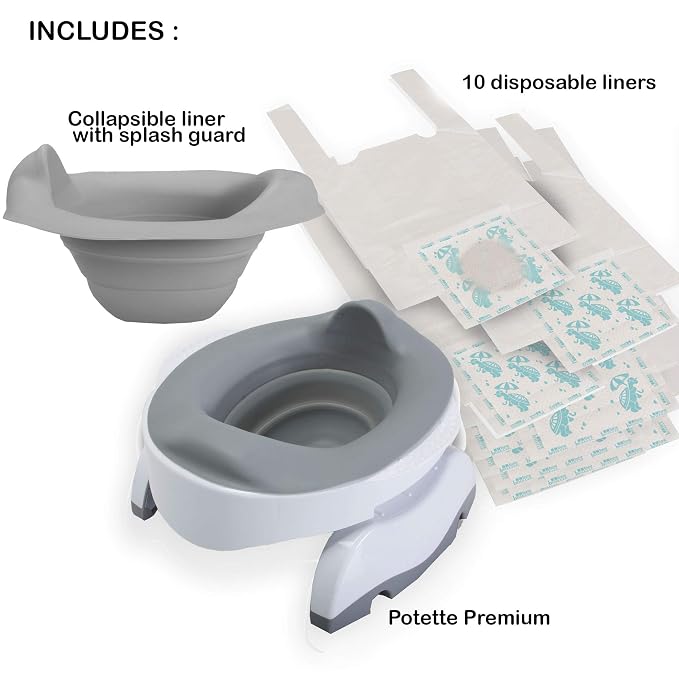 Potette Plus Premium Potty Value Pack: Kalencom 2in1 Potette Plus Premium Portable Potty and Premium Reusable Collapsible Liner for Home Use (White/Gray)