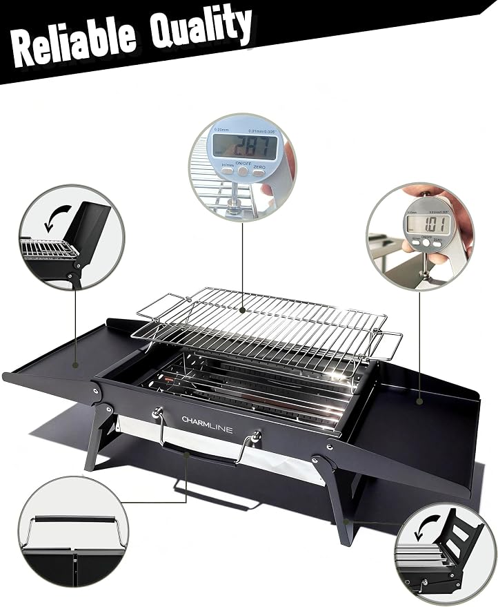 Charmline 15x11 inches Portable Charcoal Grill, Compact Portable BBQ Grill, Tabletop Charcoal Grills for Camping, Picnics, Gardens and Beach Parties, Black