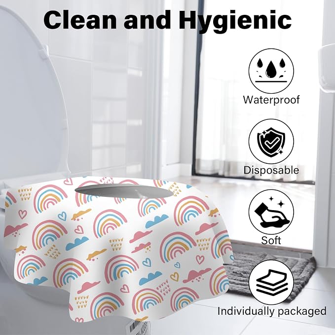 40 Pack Toilet Seat Covers Disposable for Kids Toddlers & Adults, Extra Large Waterproof Toilet Cover Individually Wrapped Travel Essential Portable Potty Training in Public Restrooms, Trip - Rainbow