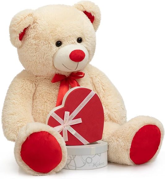 Huge Teddy Bear Stuffed Animal Giant Teddy Bear Plush with Red Ribbon Bow Day Plush Toy Gift for Girlfriend and Kids 36 inch Beige