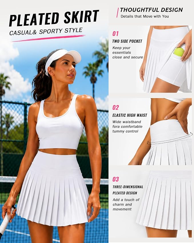 Pleated Tennis Skirt for Women with Pockets Shorts High Waisted Athletic Golf Skort for Workout Pickleball