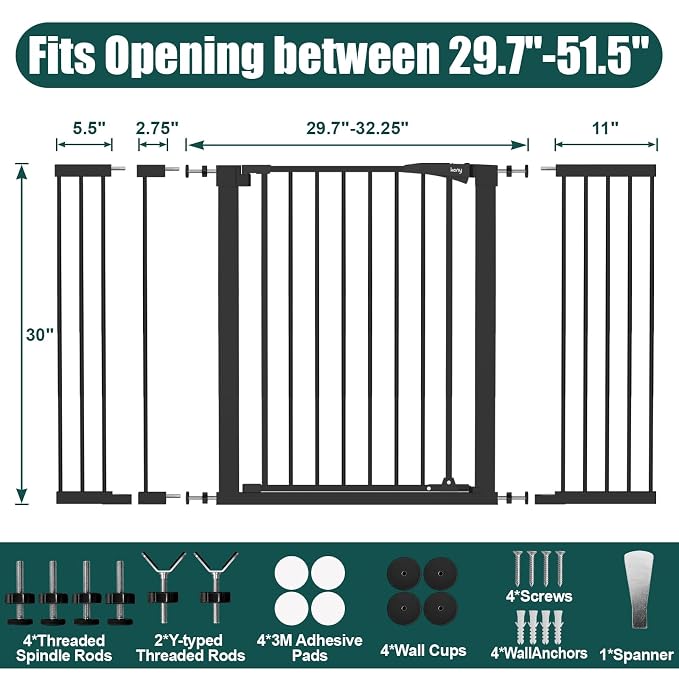 29.7"-51.5" Extra Wide Baby Gate for Stairs, Easy Walk Thru Dog Gate, Black | 21.1" Large Opening Door, Pressured Mounted No Drilling, 30" Tall Pet Gate for Doorways, Hallways, Kitchen & Bedroom