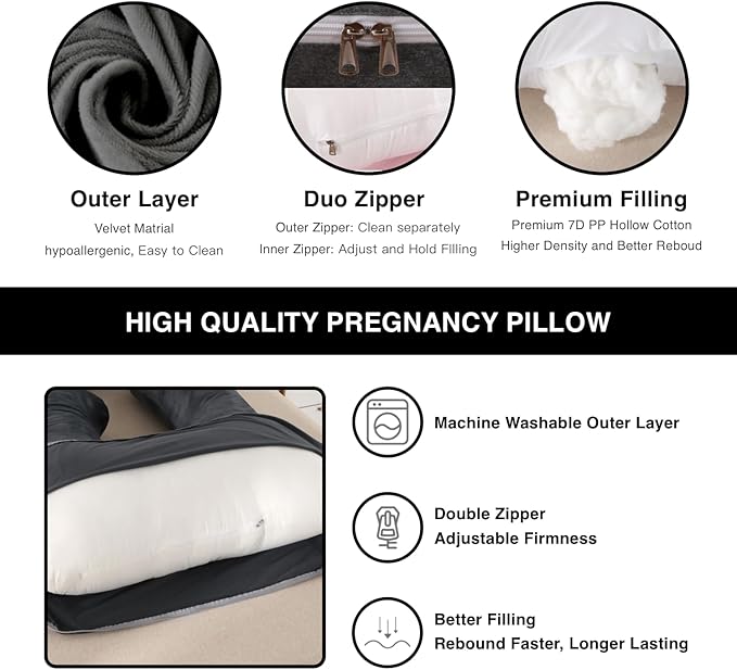 ALLOPERA 57 Inch Pregnancy Pillow for Sleeping, Full Body Support Pillow with Removable Washable Cover for Maternity Comfort, Black Grey Velvet Cover