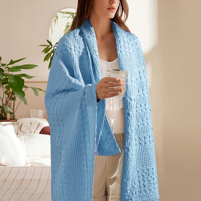 PHF 100% Cotton Waffle Weave Throw Blanket, Lightweight Breathable Summer Blanket for Couch Sofa, Pre-Washed Soft Throws for Bed, Office, Travel & Stylish Home Decor, 50"x60", Airy Blue