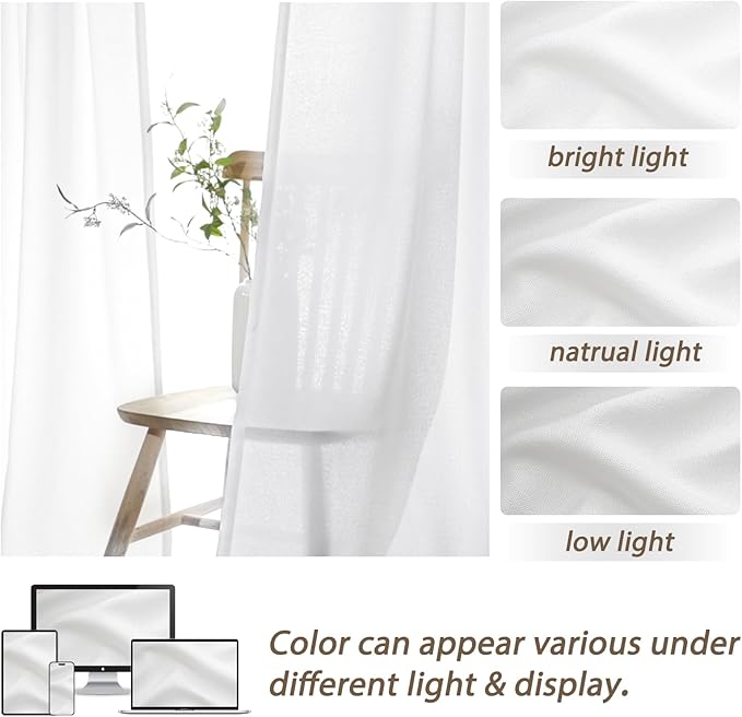 Cute White Sheer Curtains 96 Inches Long for Living Room, Textured Linen Blend Pleat Memory Shape Bedroom Decor Curtain Privacy Light Filtering Bedroom Drape Hook 96 Inch 2 Panels Set (W40 xL96)
