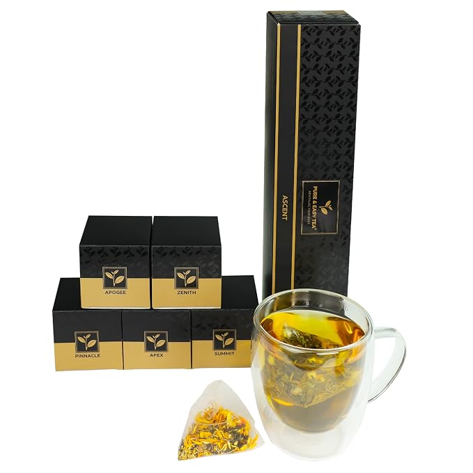 Pure And Easy Tea, Ascent Premium Tea Flight Sampler, 15-Count Whole-Leaf Variety of Naturally Caffeinated Blends, Designed for Focus & Clean Energy, BPA-Free Pyramid Tea Bags, Gift Box (52.5g)