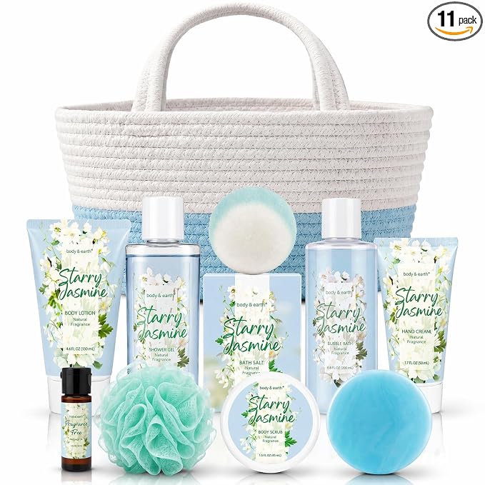 Body & Earth Gift Baskets for Women 11PCS Jasmine Spa Gift Sets for Her, Self Care Kit with Bubble Bath, Shower Gel, Lotion Set, Christmas Gifts for Mom