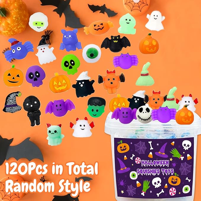 Halloween Party Favors, 120Pcs Squishies Toys for Kids, Mochi Squishy Bulk, Kawaii Mini Squeeze Toys for Halloween Treat, Goodie Bag Stuffers for Boys Girls(Random)