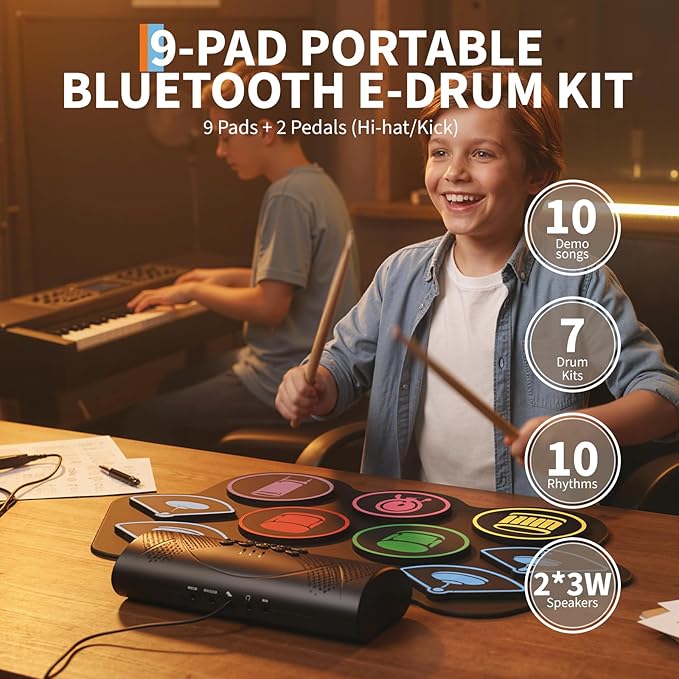 9 Pads Bluetooth Electric Drum Set, Portable Roll Up Electronic Drum Pad with Headphone Jack, Pedals & Sticks, Recording Function, Great Holiday Xmas Birthday Gift for Kids