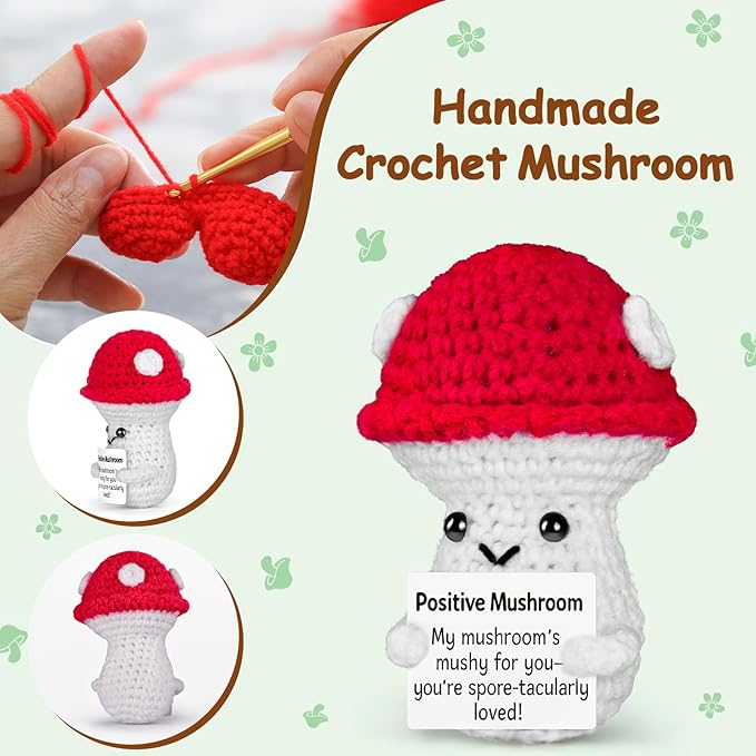 Emotional Support Crochet, Positive Crochet Mushroom, Encouragement Gifts for Women Men Birthday Christmas Self Care Friends Coworkers Relaxation Gift Desk Home Fall Decor Inspirational Support