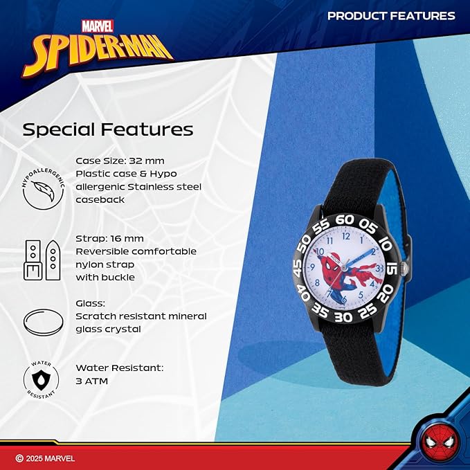 Marvel Spiderman Watch for Kids - Spiderman Watch Boys - Spider-Man Watches for Boys 4-6 - Toys - Kids - Marvel Toddler - Silver Case - 3D Silicone Plastic Strap