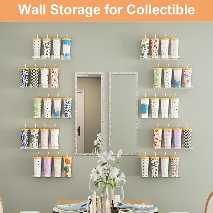upsimples 12 Pcs 15" Acrylic Shelves for Wall Display and Storage, Clear | Transparent Design Highlights Skincare, Perfume, Easy-to-Find Versatile Floating Shelves for Bathroom, Bedroom and Playroom