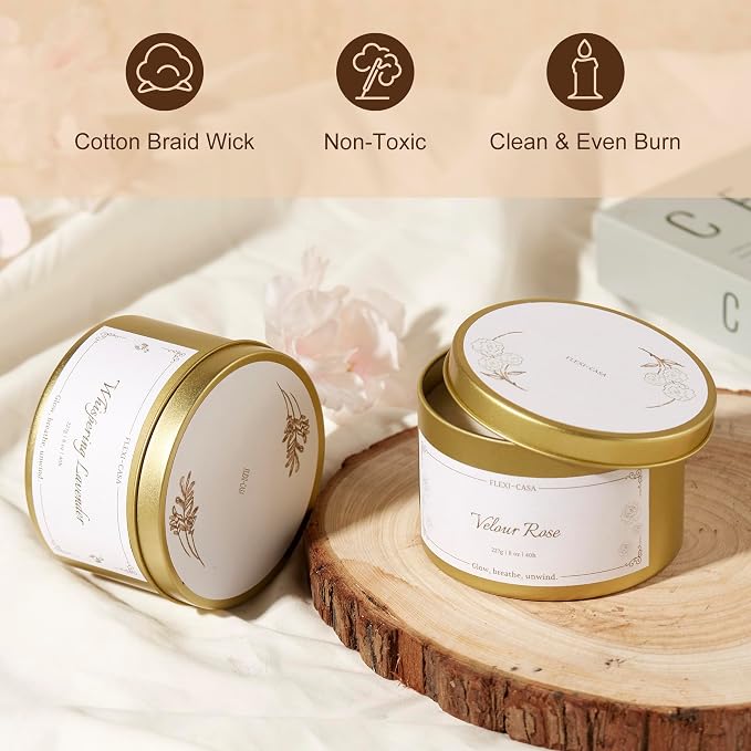 Lavender Rose Candle Set, Soy Wax Tin Candles, 2 Pack | 2-pack lavender and rose soy wax tin candles, 8 oz each, with floral scents and gift-ready packaging