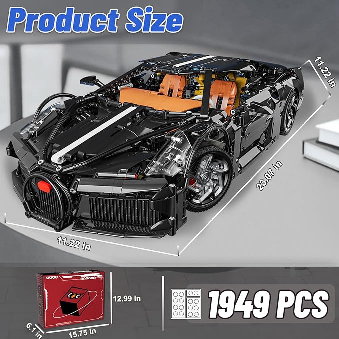 Sports Car Building Blocks Set for Adults, La Voiture Noire 1:10 Scale Race Car Model Building Toy Set Super Cars Display Model Collectible Set Gifts for Boys Teens Age 8+ (1949PCS)