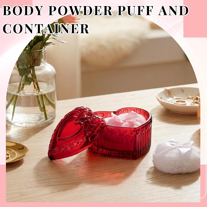 Tioncy 3 Pcs Large Body Powder Puff and Container Valentine's Day gift Powder Container with Puff Crystal Case Soft Washable Reusable Velour Face Body Glitter Wet Dry Makeup (Heart,Crimson)