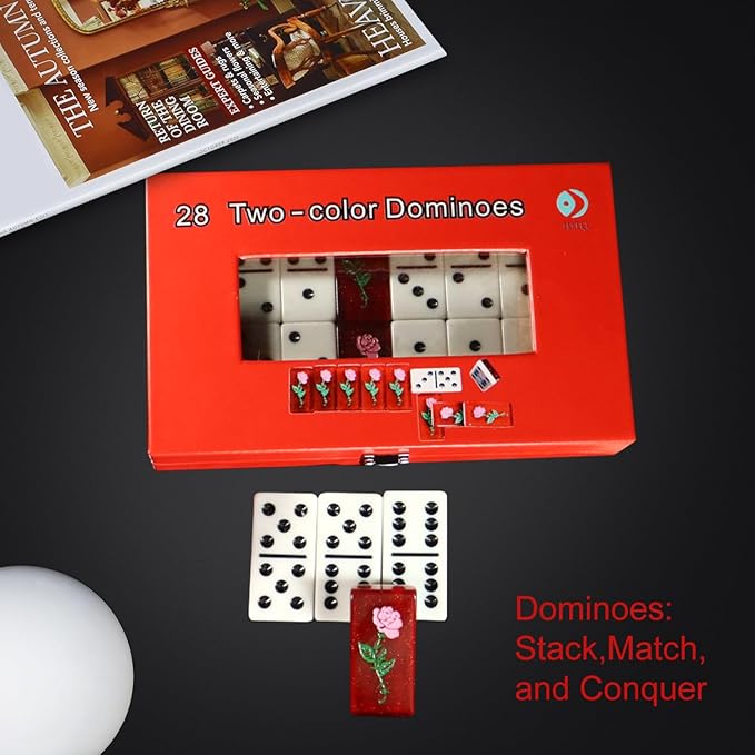 IDTQ Double Six Domino Set - 28 Piece Two-Color Dominoes, Floral Rose Back and Locking Red Gift Box, Classic Table Game for 2-4 Players, Adults & Family Game Night