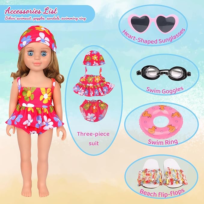 18 Inch Doll Swimsuit Playset, Dorable Doll Summer Dress Playset for 18 Girl Dolls, Includes Doll Bikini Swimsuits, Lovely Sunglasses, Goggles, Sandals and Water Inflatable Ring