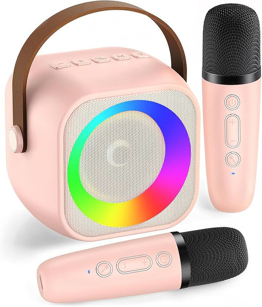 Mini Karaoke Machine, Portable Bluetooth Speaker with 2 Wireless Microphones for Kids & Adults, Karaoke Microphone with LED Lights, Gifts for Girls & Boys_Pink