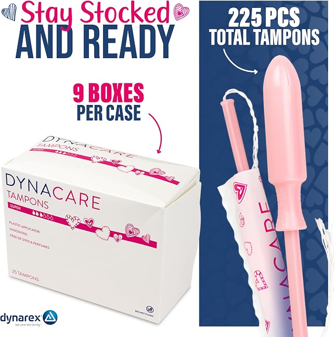 Dynarex Super Tampons – Bulk Feminine Hygiene Product with Plastic Applicator – 7 Hour Protection – 9 Boxes, 225 Total Tampons