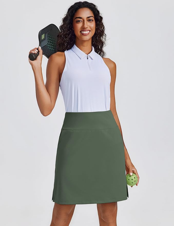 PINSPARK 20" Skorts for Woman Knee Length UPF 50+ Golf Skirts | 4 Pockets, Built-in Shorts, High Waisted, Split Hem, Silky-smooth, Moisture-wicking, for Golf Athletic Tennis Workout Casual