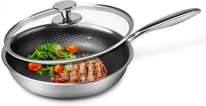 Innerwell Stainless Steel Frying Pan Nonstick Frying Pan with Lid 10 Inch Honeycomb Stainless Steel Skillet Woks Pan for Gas Electric Induction Ceramic Stoves and Oven | Honeycomb Nonstick Coating, PFOA-free & Non-Toxic. Compatible with All Stoves, Eas...