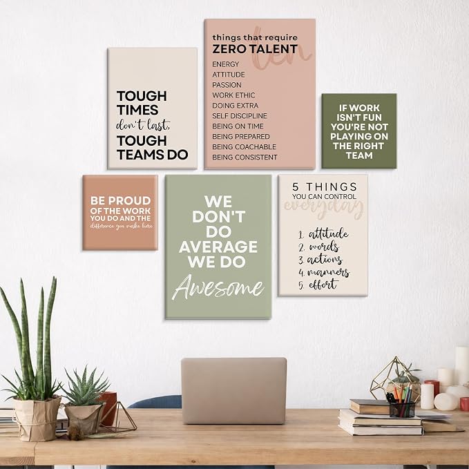 Framed Motivational Office Wall Decor, Set of 6 Boho Inspirational Teamwork Canvas Wall Art, Office Artwork Decorations for Work, Positive Quotes Team Gifts for Team Leader Boss