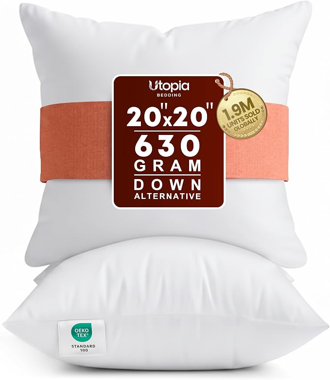 Utopia Bedding 20x20 Pillow Inserts, White Throw Pillows for Couch, 2 Pack | Indoor cushion inserts for bed, sofa & couch, Supportive & fluffy decorative pillows for everyday comfort, Set of 2, White