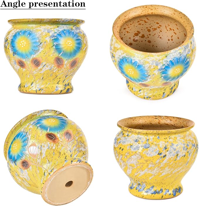 Sungmor 9 Inch Hand Painted Ceramic Succulent Plant Pots - Yellow & Daisy | Vintage Decorative Pottery Planters for Indoor Outdoor Plants, Table Centerpieces & Flower Arrangement Home Decor