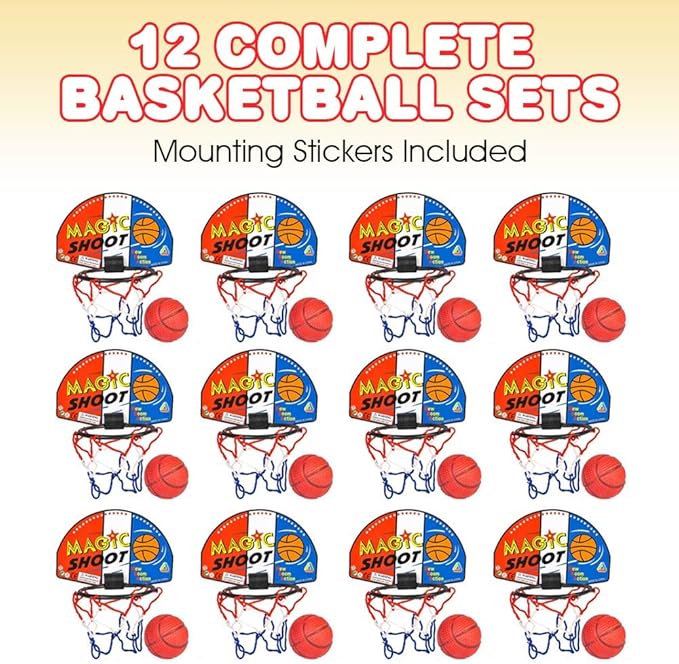 ArtCreativity Mini Basketball Game (12 Sets) Each Set Includes 1 Mini Ball, 1 Back Board Net, & Mounting Tape, Indoor Basketball Hoop for Kids, Basketball Party Favors, Best Gift for Boys and Girls