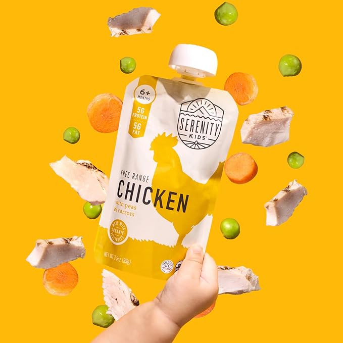 Serenity Kids 6+ Months Chicken Puree Baby Food Pouches - No Added Sugar Organic Baby Puree - Free-Range Chicken & Pea & Carrot - 3.5 Oz, Pack of 6