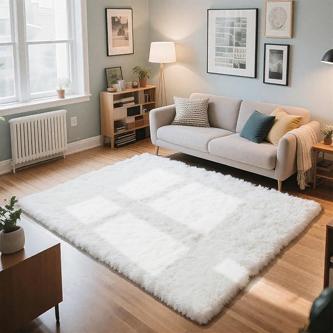 Fluffy Rug Shag Area Rug, White 3x5 Area Rugs for Bedroom, Small Bedside Rug, Soft Fluffy Shag Entryway Throw Rugs for Living Room Bedroom Room Home Decor