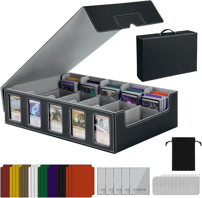 Trading Card Storage Box with Handle, 5-Row Portable Leather Deck Case for 4000+ Cards,Grey Card Collection Box with Commander Display Window for MTG, Yugioh, and Sports Cards Gifts for Card Collector