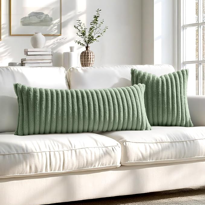 MIULEE Faux Fur Decorative Euro Sham Pillow Covers 24x24 Sage Green 2 Pack | Modern Soft Plush Couch Pillows, Cozy Fluffy Cushion Covers for Sofa Bed Living Room Home Decor