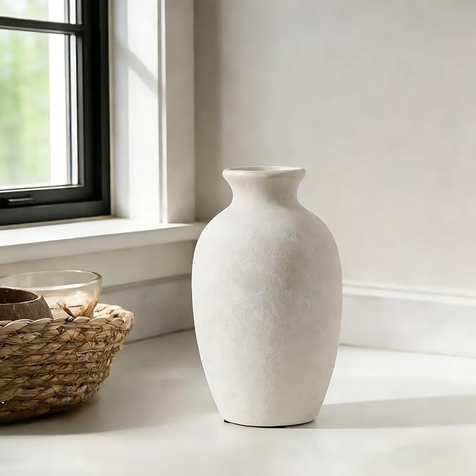 Ceramic Rustic Flower Vase, 8.38 Inch Vintage Pottery Home Decor, Farmhouse Terracotta Vase for Living Room, Table, Shelf, Mantel Decoration, Farmhouse - Off-White