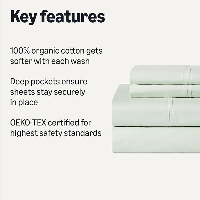 Amazon Basics 100% Organic Cotton Kids' Sheet Set with Pillowcase, Queen Size, Pale Sage Green Fox Pattern