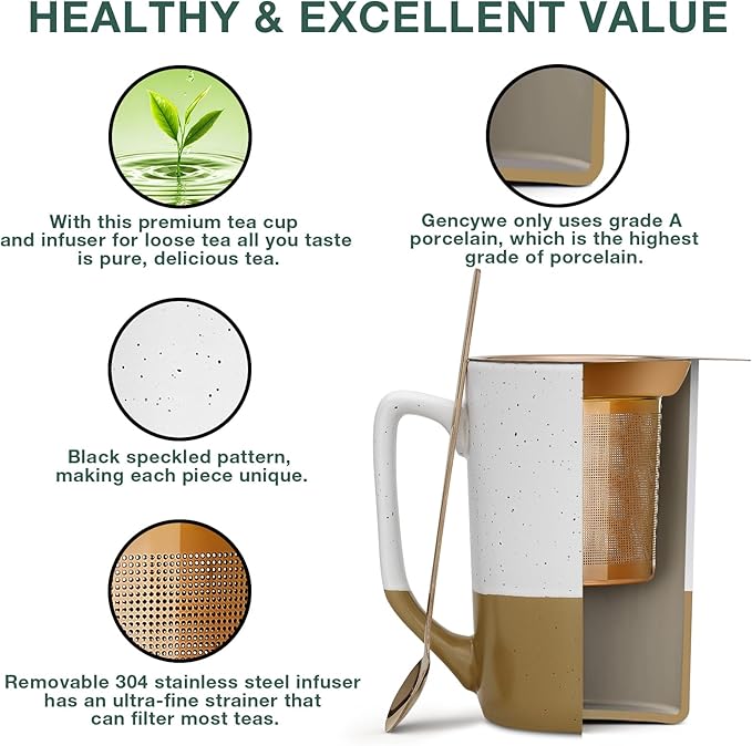 Gencywe Ceramics Large Tea Cup with Loose Leaf Infuser, Spoon and Lid, 16 oz Tall Coffee Mug, Microwave and Dishwasher Safe, Rustic Matte Ceramic Glaze, Tea Strainer, Amber