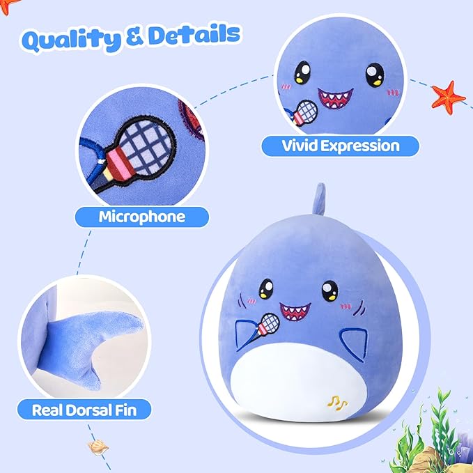 Glow Guards 12'' Shark Plush Pillow Cute Blue Shark Stuffed Animal Holding Microphone Soft Plush Toy Stuffed Animals Birthday Gift for Boys Girls Kids
