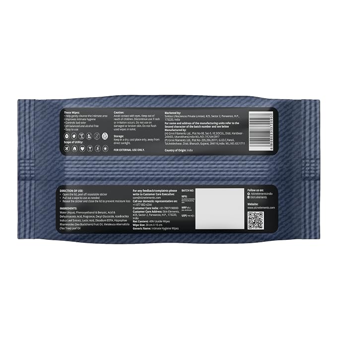 Skin Elements Intimate Hygiene Wipes | Unisex | pH Balanced Wet Wipes | Tea Tree Oil & Neem Extracts | 40 Intimate Hygiene Wipes | Pre and Post Intimacy