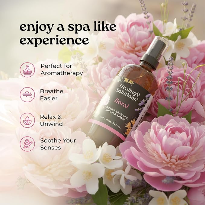 Healing Solutions Aromatherapy Shower Spray, Floral Blend, 4oz, Therapeutic Grade Essential Oils, Made in the USA, At Home Spa Experience (4oz, Floral)
