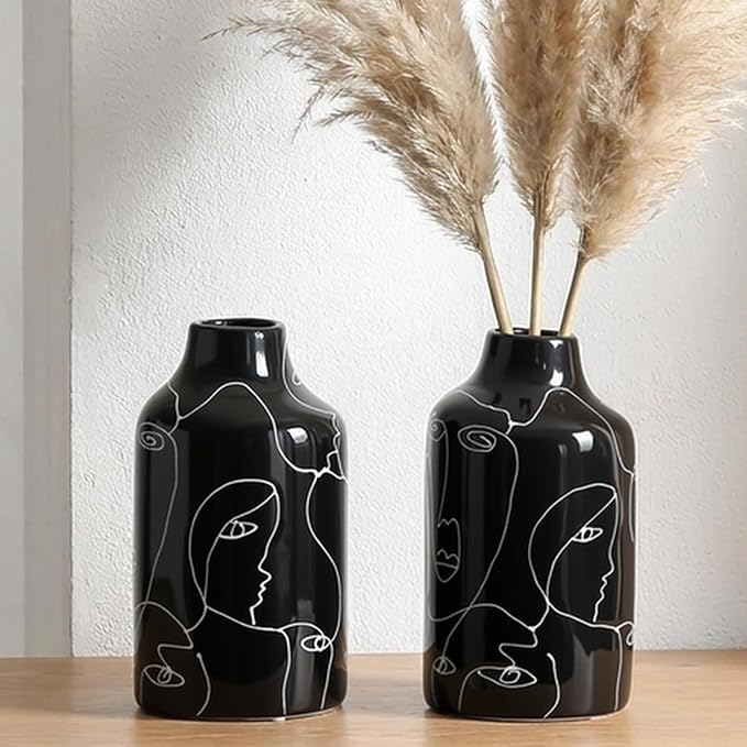 Kimdio Ceramic Vase Set, 2pcs Black Abstract Irregular Design Flower Vases, Modern Home Decor Living Room Decor Minimalist Decorative Vase for Pampas Grass