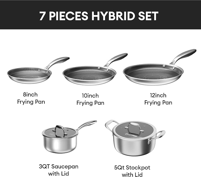 Hybrid Stainless Steel Cookware Set, 7pcs Pots and Pans Set Non Stick | Non-Toxic, Induction Compatile, Oven and Dishwasher Safe, PFOA Free, Stay-Cool Handles