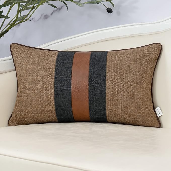 Patchwork Pillow Cover 12x20 Inch Luxury Cotton and Linen Cushion Cover Faux Leather Pillowcover for Couch Bedroom Living Room, Brown