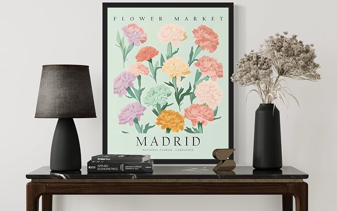 Spain Flower Market Art Print Poster, Wall Art Floral Painting Botanical Decor for Bedroom, Kitchen, Bathroom Livingroom Decoration 82B (Spain, 24"L x 18"W, Black Frame)