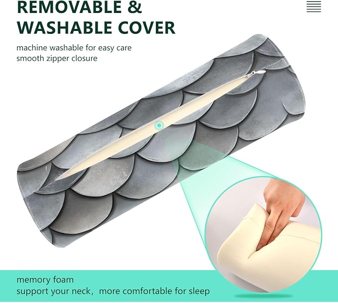 Grey Fish Scale Neck Roll Pillow Bolster Round Health Memory Foam Long Cervical Cylinder Pillows with Removable Washable Cover for Body Bed Legs Back Yoga