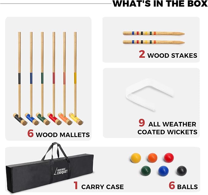 SPORT BEATS Six Player Croquet Set Solid RubberWood 32 Inch Mallets with Carry Case, Six Balls, Nine Wickets, 2 Stakes for Backyard Outdoor Games