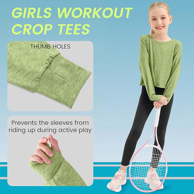 Gogokids Girls Shirts Long Sleeve Athletic Shirts Open Back Tops Active Sports Tshirts Yoga Workout Crop Tees 5-14 Years