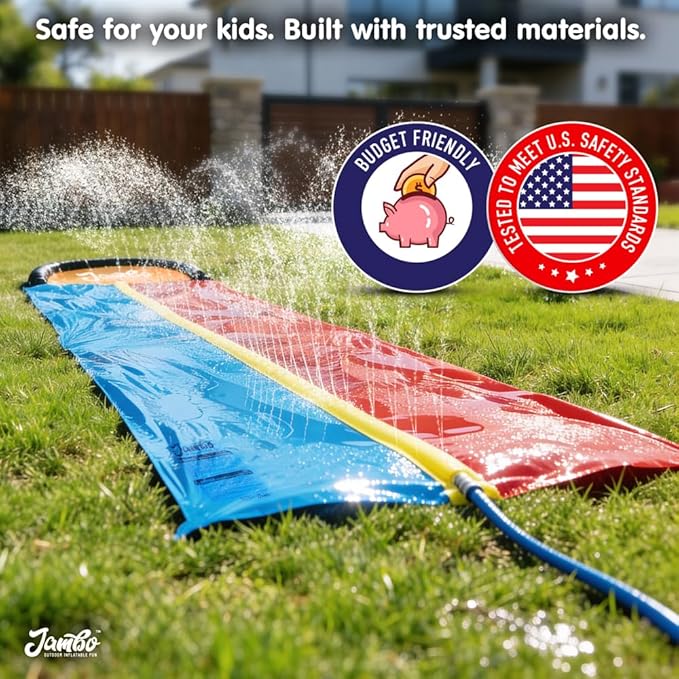 JAMBO Premium 18Ft Budget Slip Splash and Slide, Heavy Duty Water Slide with Advanced Sprinkler System, Backyard Waterslide, Splash Mat, Outdoor Water Toys n Slides for Kids